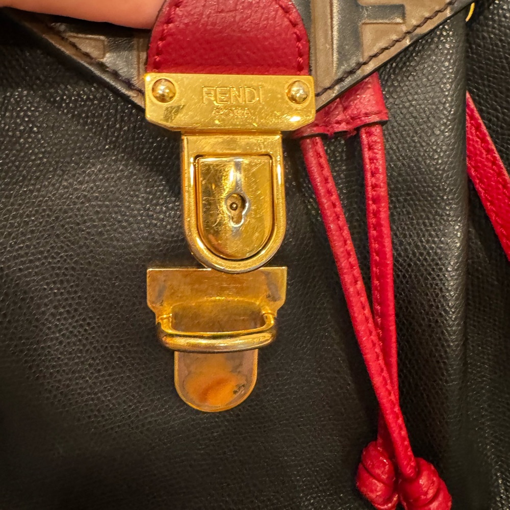Fendi Black Leather Backpack with Brown FF Monogram Flap and Red Accents - Picture 6 of 6